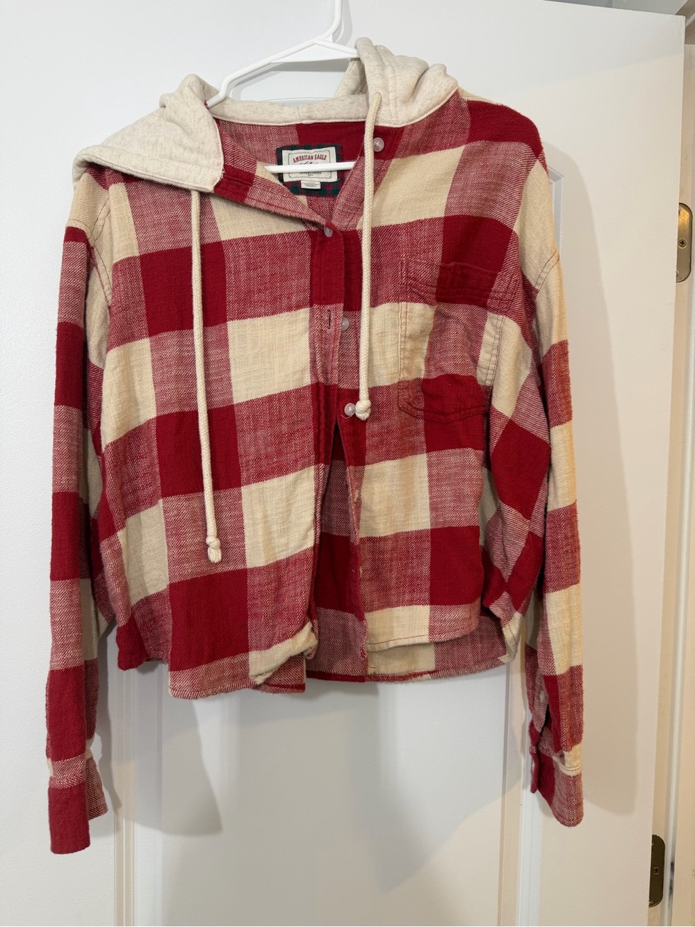 American Eagle Red & Cream Plaid Hooded Button-Front Shirt